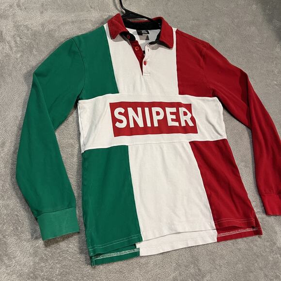 Sniper Gang Shirt Mens Small Red Green White Long Sleeve Rugby Polo Graphic - Picture 2 of 14